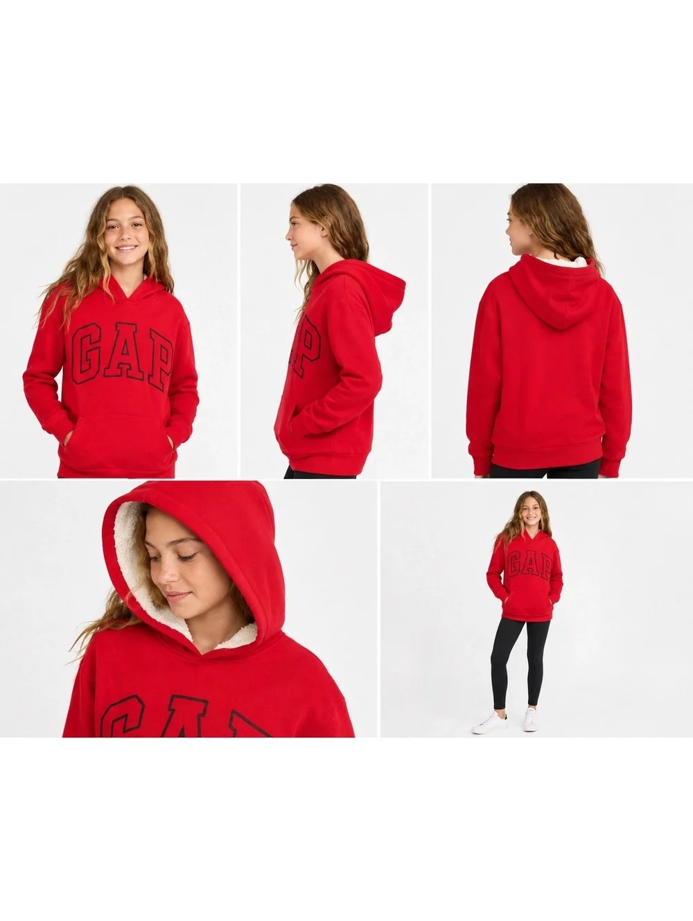 159. NWT! GAP Kids•Red Sherpa-Lined Logo Hoodie•Size L (10)